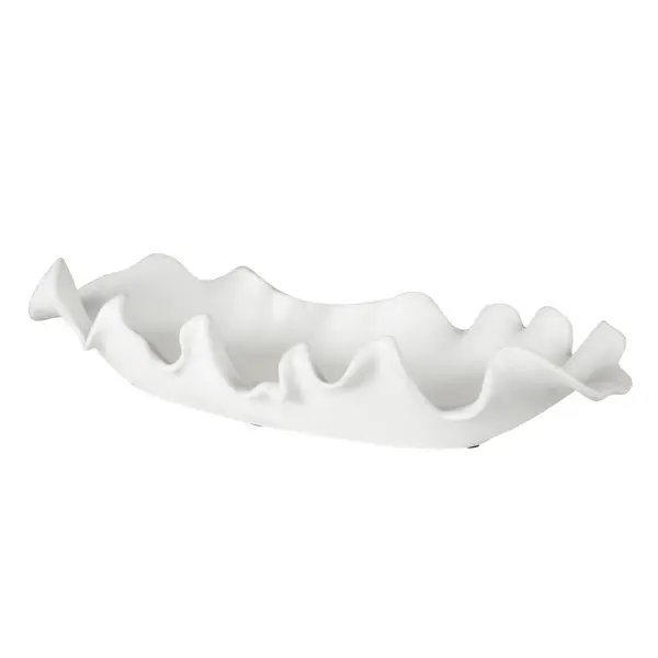 A feminine, curved-edge ceramic bowl in matte white that doubles as tabletop decor or wall art, suitable for covered outdoor use.