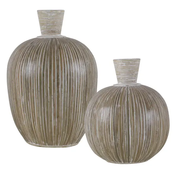 A set of two white-washed terracotta vases with hand-applied bamboo stripe accents, bringing organic coastal texture to shelves, consoles, and tabletops.