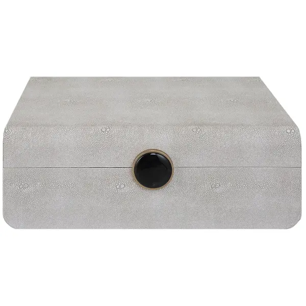A decorative tabletop box blending faux shagreen texture with brushed antique brass and black enamel accents for understated Art Deco flair.