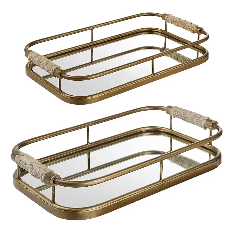 Rosea Set of 2 Brushed Gold Metal Trays with Rope Handles