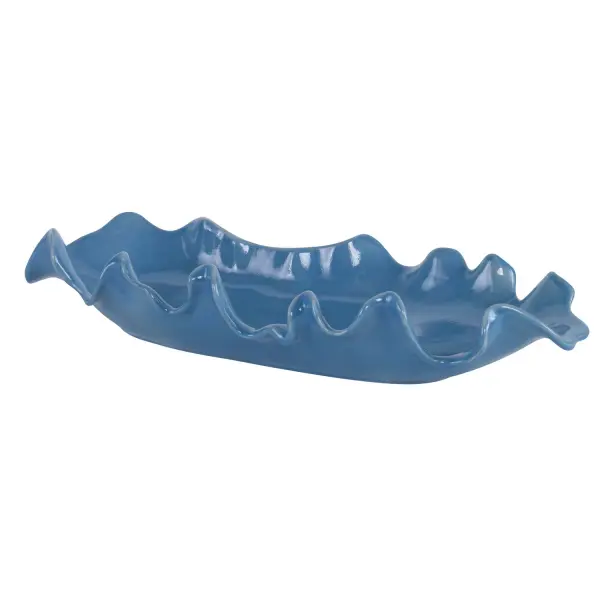 This earthenware bowl brings soft, feminine curves and a glossy blue finish to tabletops or walls, offering versatile styling for both display and accent use.