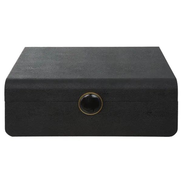 A richly textured decorative box blending faux shagreen, antique brass, and black enamel for a refined Art Deco statement piece.