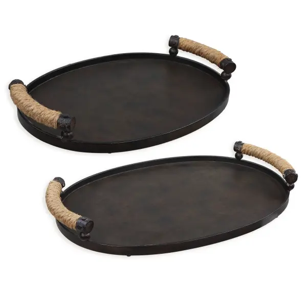 Iron trays with an oxidized bronze finish and rope-wrapped handles bring rustic warmth to coffee tables, consoles, or vanities in two useful sizes.