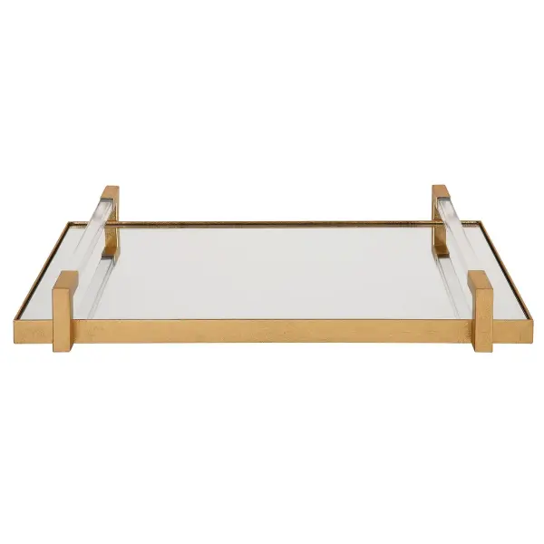 A decorative accent tray combining hand-forged iron, clear acrylic bars, and a mirrored base for a glamorous tabletop statement.