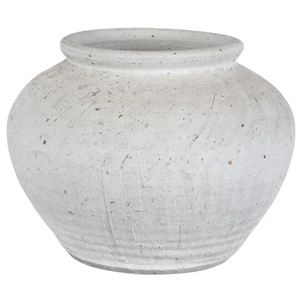 The Floreana Vase brings understated texture and organic charm through its etched white ceramic surface, ideal as a decorative accent or floral vessel.