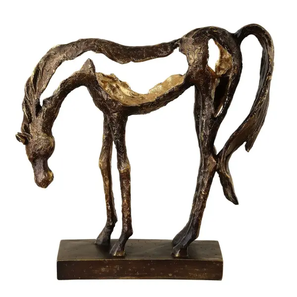 A finely detailed grazing horse statue in heavily textured antiqued bronze with gold highlights, offering an organic, sculptural accent for tabletops and shelving.