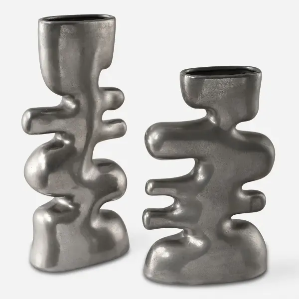 Free Flowing Vases Set of 2 in Tarnished Nickel Glaze