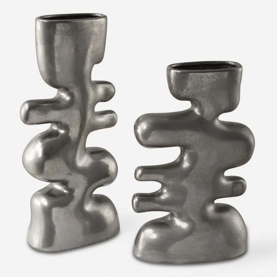 Free Flowing Vases Set of 2 in Tarnished Nickel Glaze