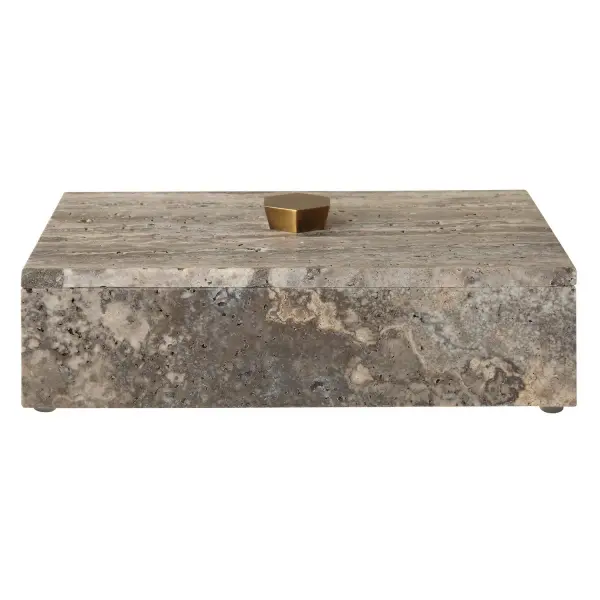 This travertine box with a bronze handle offers a refined, organic-modern accent for hiding away small items on a shelf or console.