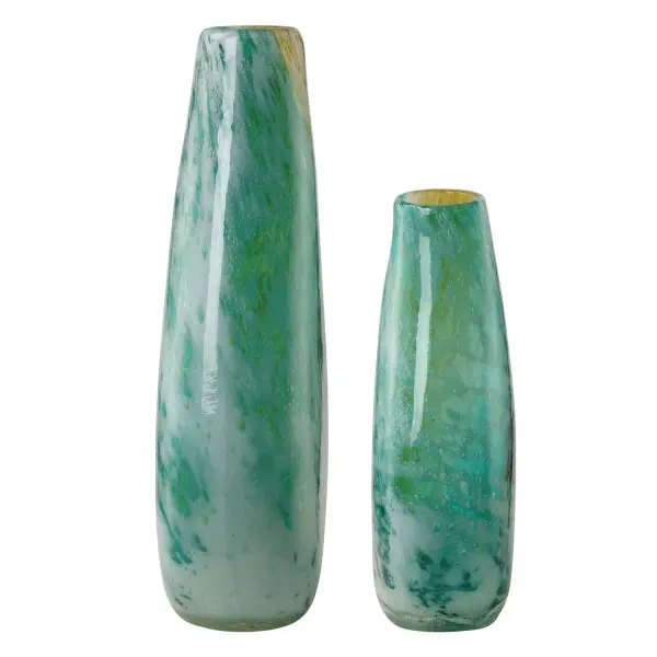 This set of two teal, amber, and gold bubble glass vases brings an artisanal coastal touch to shelves or tabletops, though it's indoor use only.