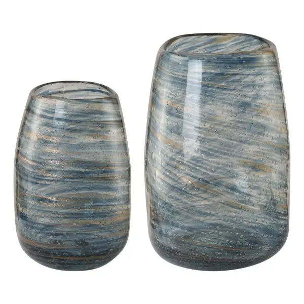 A striking set of two bubble glass vases featuring a swirled blue and gold pattern, ideal as standalone decor or floral display.