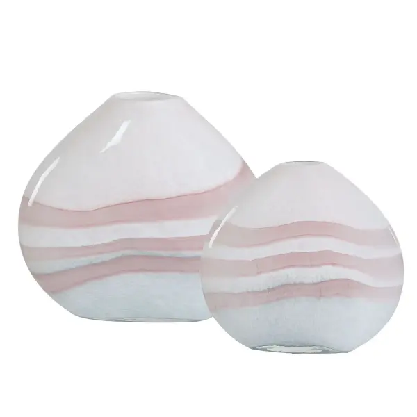 A sculptural glass vase duo blending soft white and green-gray tones with a pink swirl accent—decorative, versatile, and effortlessly elegant for indoor styling.