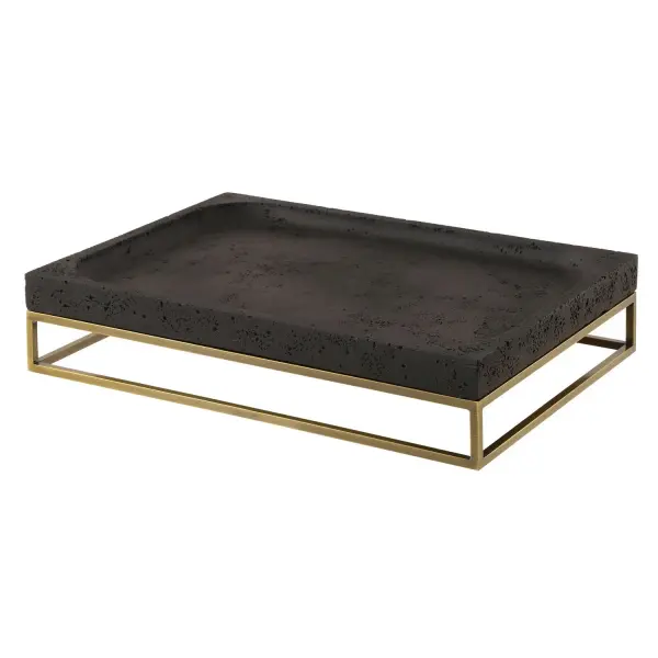 This cast black stone tray on an antiqued brass base brings understated luxury to tabletops. Great for styling but strictly a decorative, indoor accent piece.