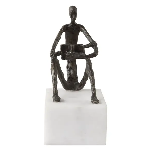 This cast iron and marble figurine brings a warm, contemplative touch to shelves and desks with its dark brown and bronze finish.