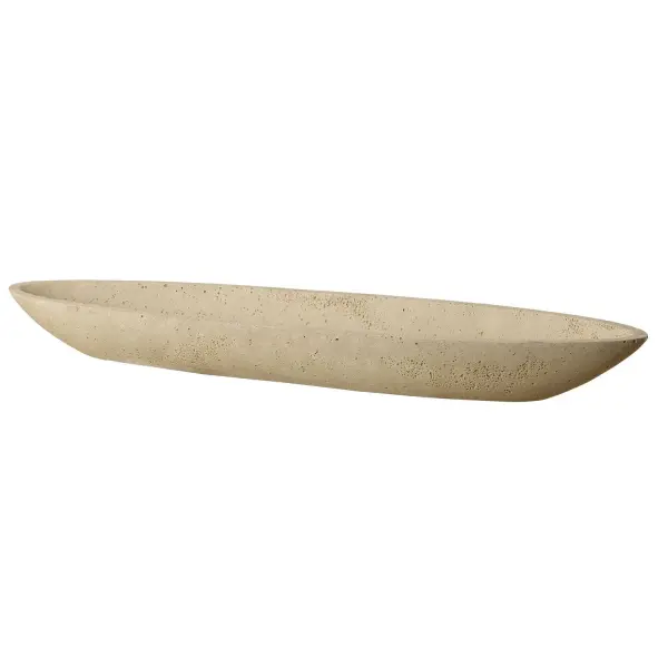 A long, canoe-shaped decorative bowl cast in ivory faux travertine resin. Adds an organic, textural accent to tabletops and consoles indoors.