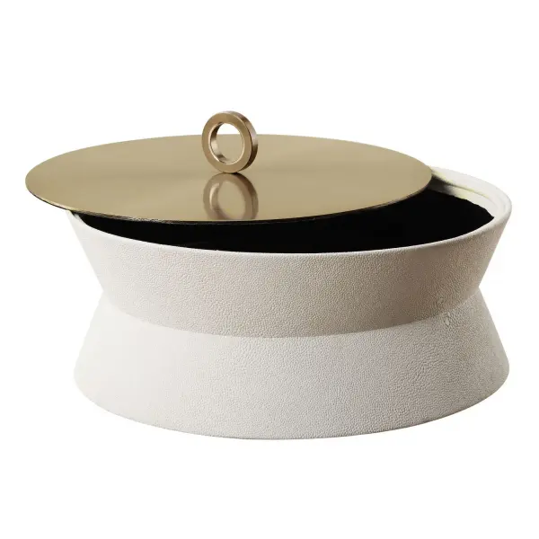 A decorative round box pairing white faux shagreen with a lift-off brushed brass lid—polished, versatile styling for tabletops and shelves.
