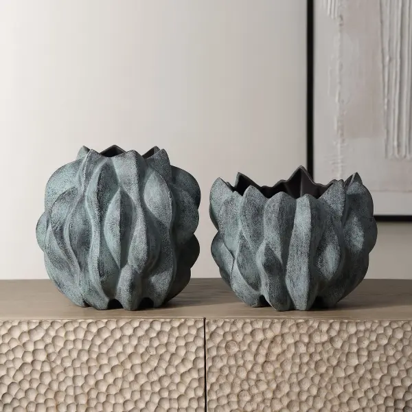Verdant Vases, Set of 2 in Bronze Verdigris Ceramic