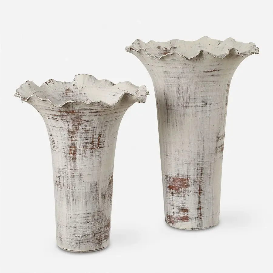 Ruffled Petal Vases Set of 2 in Distressed White