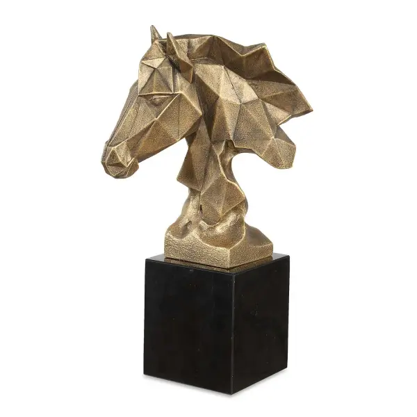 This geometric antiqued gold horse bust on a black marble base delivers a striking contemporary accent for shelves, desks, or console tables.