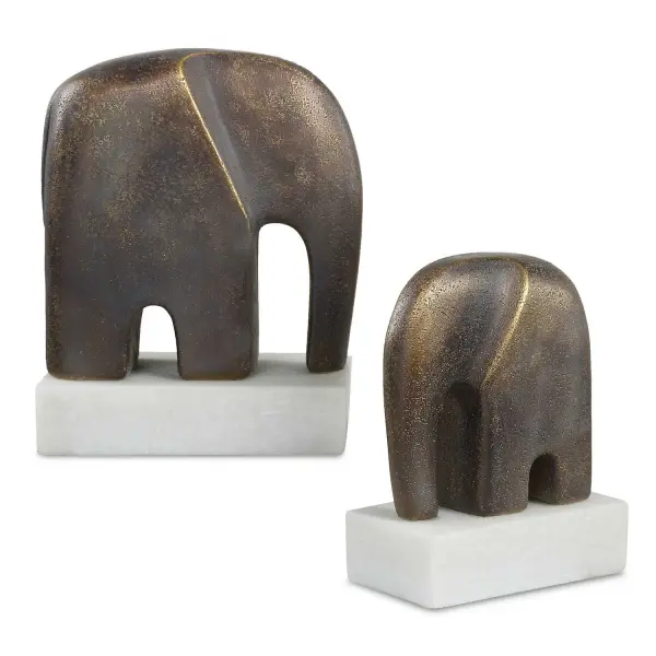 A charming pair of antique bronze-finished elephant sculptures on white marble bases, offering timeless elegance for shelves, desks, or mantels.