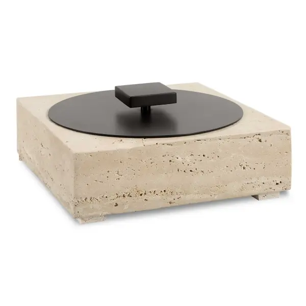 This low-profile travertine box pairs natural stone texture with an oil-rubbed bronze lid for a versatile decorative accent piece.