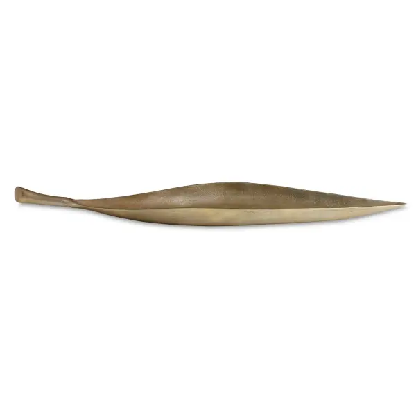 A wide cast aluminum leaf bowl in aged brass finish that doubles as decorative art or a functional centerpiece for fruit and display.