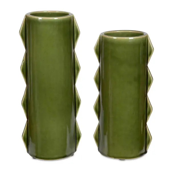 Set of two green ceramic vases with a distinctive zig-zag edge design. Made from earthenware, rated for indoor/outdoor use. Ideal for dining tables, shelves, or mantels; sizes 12" and 14" high.