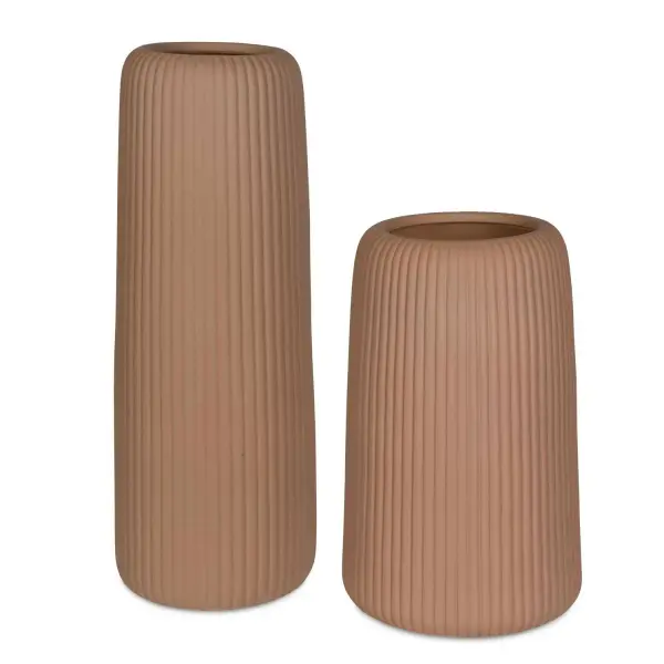 A set of two earthenware vases with textured ribbing and a warm brown finish, versatile for fresh florals or standalone display, indoor or outdoor use.