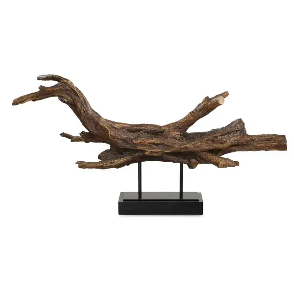 A decorative branch sculpture in dark brown with gold highlights on a matte black stand, offering organic texture as a tabletop accent piece.