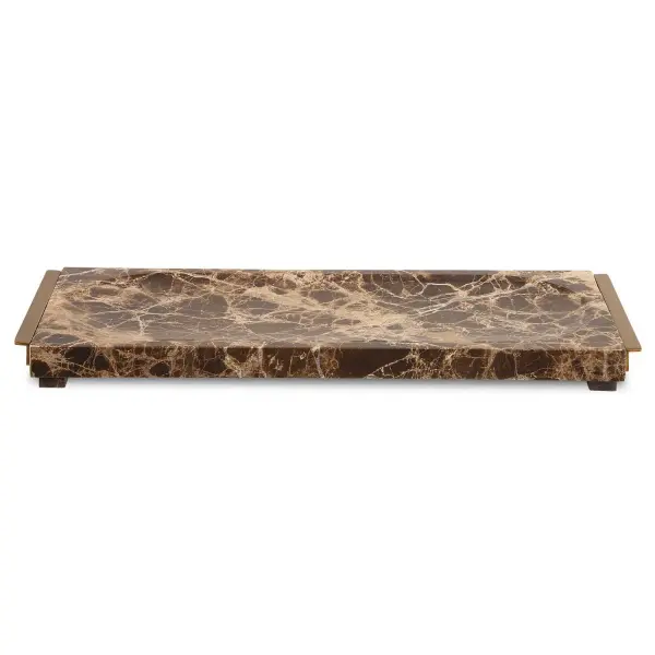 A thick Emperador marble slab tray with rich chocolate and black tones, cream veining, and contemporary brass end handles. A polished statement piece for styling surfaces.