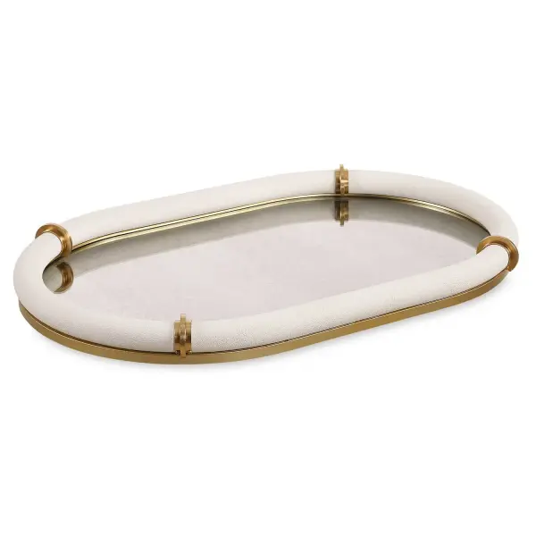 A refined decorative tray wrapped in white faux shagreen with brass-plated bands and an antiqued mirror interior—elegant on any tabletop surface.