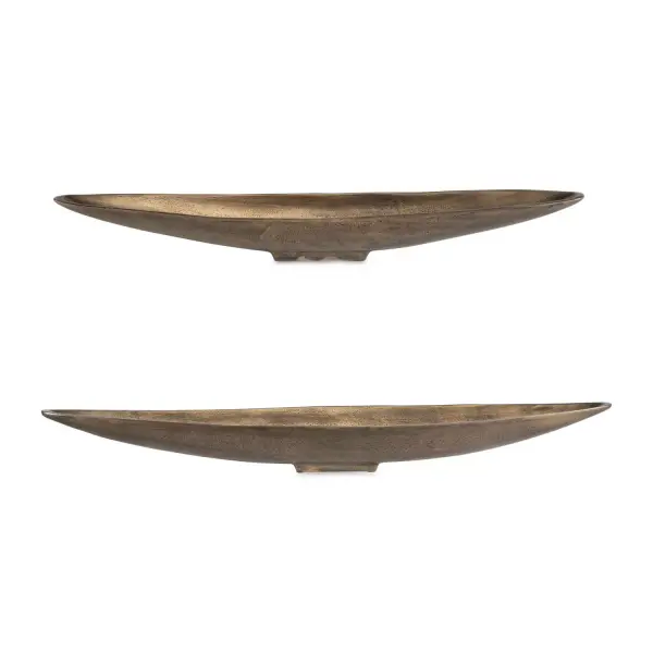 A set of two elongated cast aluminum bowls in antique brass, equally at home as a tabletop accent or wall-hung decor, indoors or out.