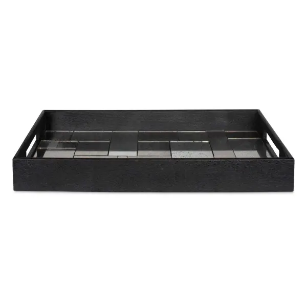 A striking black mango wood tray with an antique mirrored mosaic inlay and built-in handles, blending function with modern styling for tabletop display or serving.