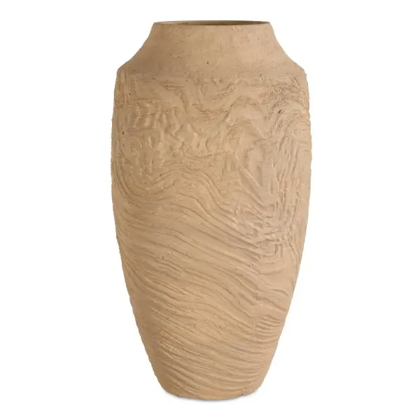 A handcrafted terracotta vase with a flowing, sand-dune-inspired texture that brings warmth and artisanal character to shelves, tables, and consoles.
