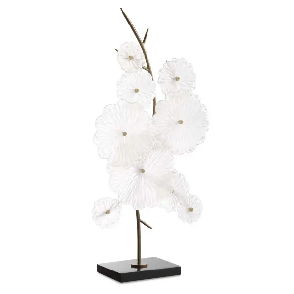 This floral glass sculpture pairs delicate golden-stemmed blossoms with a sleek black marble base, adding a sophisticated decorative touch to any tabletop.