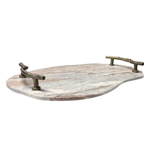 A natural marble tray with striking gray, white, and rust veining, finished with cast aluminum branch-motif handles for indoor or outdoor use.