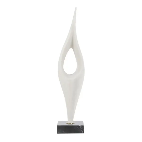 A tabletop sculpture in white man-made stone atop a veined black marble base with antique brass detailing. A striking, gallery-style accent for shelves or consoles.