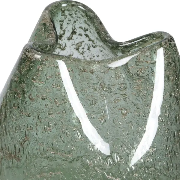 A set of two hand-finished glass vases with crinkled rims and a bluish-green to milky-white seeded finish flecked with brown—an easy way to add organic texture to a tabletop or shelf.