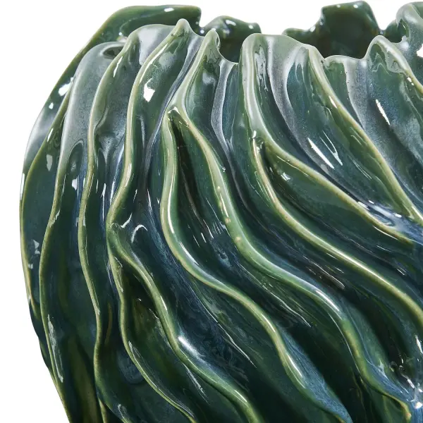 A striking set of two organic, swirl-textured ceramic vases with a deep green-and-blue glaze. Indoor/outdoor rated for versatile styling as a decorative accent duo.