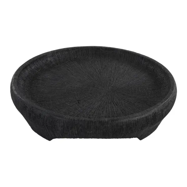 This oversized black resin bowl offers a handcrafted, organic silhouette with subtle ridged texture, versatile for indoor or covered outdoor display.