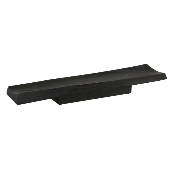 This elongated resin tray combines a deep black finish with casted wood-grain texture for a rustic yet refined accent piece suitable for indoor and outdoor display.