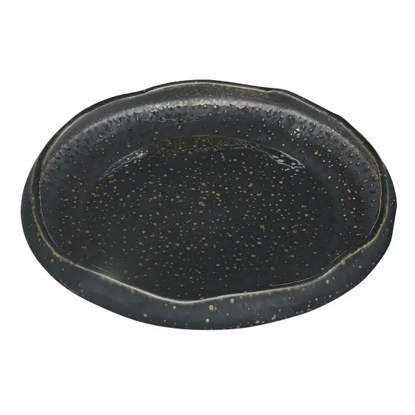 A pitted earthenware centerpiece bowl with glossy black glaze, brown speckling, and blue-green undertones. Indoor/outdoor rated for versatile styling.