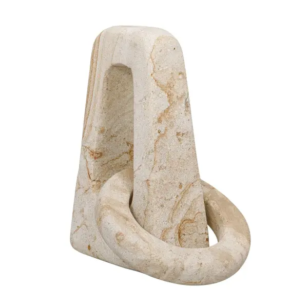 Two interlocking limestone forms create a modern, timeless accent for shelves, consoles, or coffee tables. Weather-safe for indoor or outdoor display.