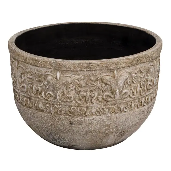 Inspired By Classical European Garden Vessels, This Decorative Planter Features An Intricately Embossed Band Of Scrolling Motifs That Wraps Gracefully Around Its Form. The Weathered Stone-like Finish Enhances Its Timeless Character, While The Generous Bowl Shape Provides The Perfect Home For Lush Greenery Or Florals. Safe For Outdoor Use. Collection: Regalia Finish: Weathered Stone Width: 30.70" Height: 20.30" Length: 30.70" Weight: 73.00 lb Material: GRC Country of Origin: Indonesia Safety Rating: Indoor/Outdoor