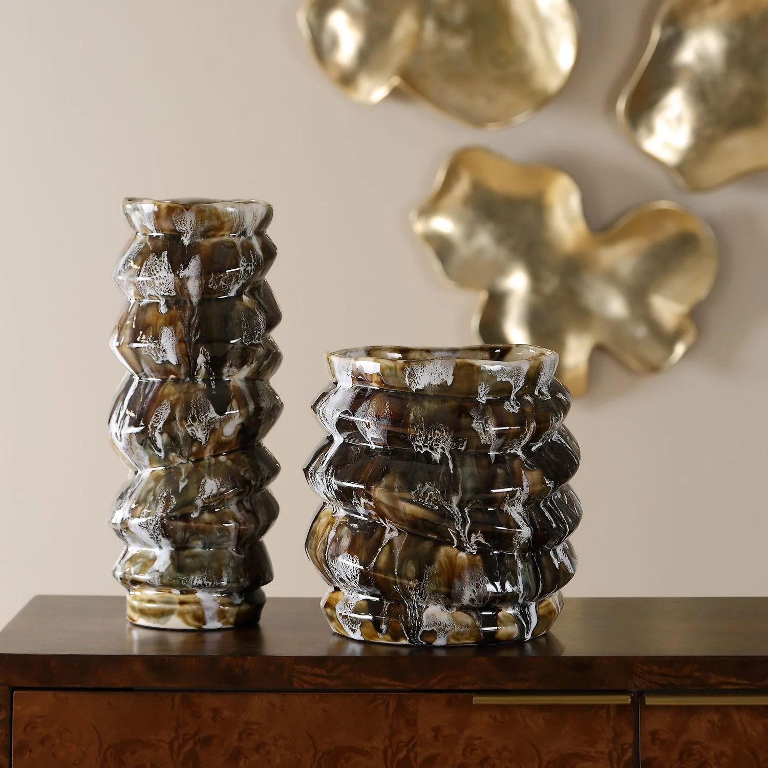 Cuoco Vases, S/2 in Browns, Creams, And Deep Char Tones