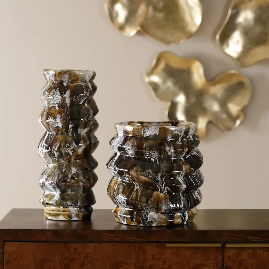 Cuoco Ceramic Vases, Set of 2 in Browns, Creams, and Deep Char Tones