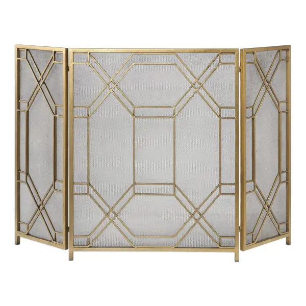 Forged iron three-panel fireplace screen in lightly antiqued gold leaf, offering traditional elegance with a wide 52.5-inch footprint for larger hearths.