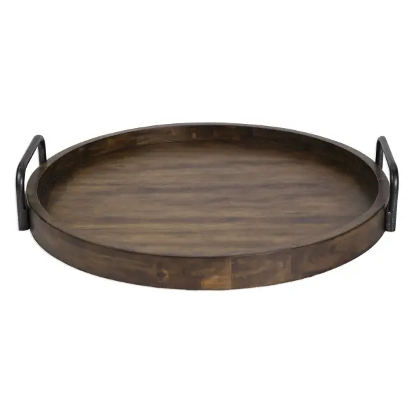 This round acacia wood tray with iron handles blends natural texture and understated metal accents for versatile decorative use.