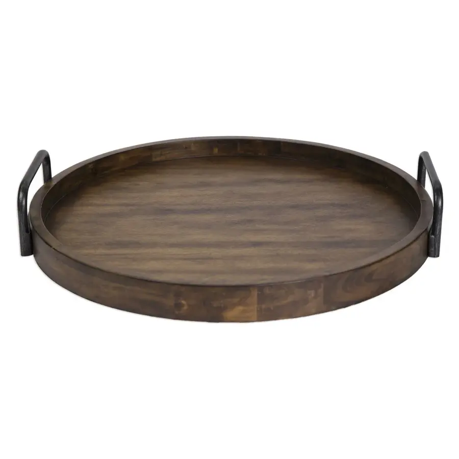 Reine Round Acacia Wood Tray with Iron Handles