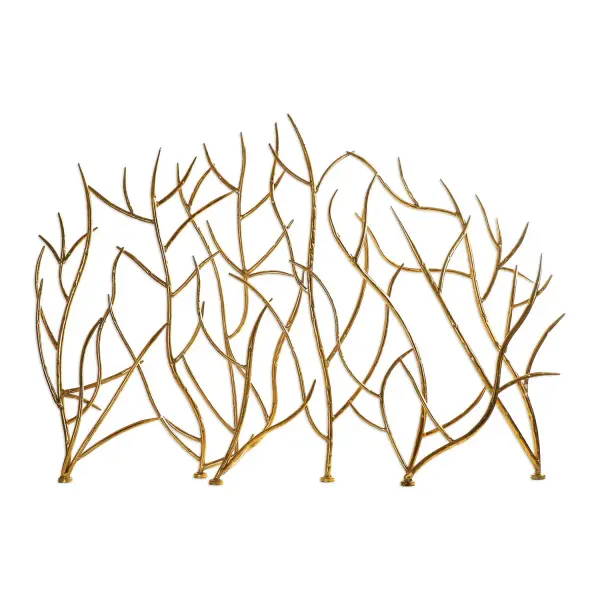 A sculptural iron fireplace screen with hammered branch motifs and a bright gold leaf finish. Indoor use only, ideal for adding decorative warmth to a fireplace.